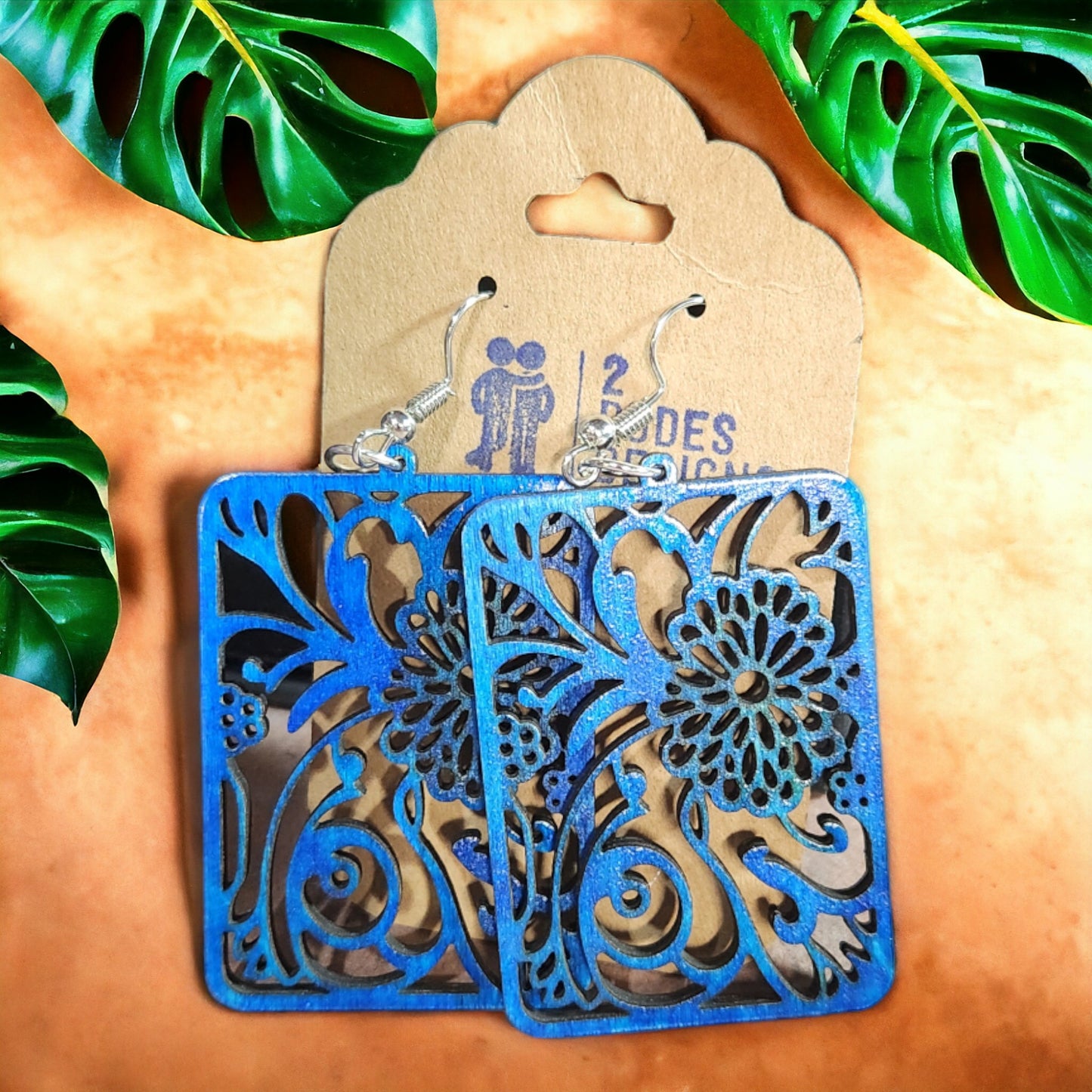 Square Blue Boho Dangle Earrings