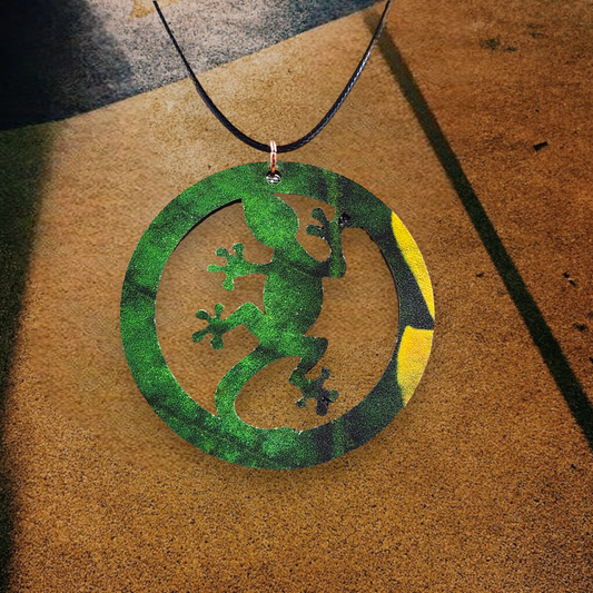 Gecko Patterned Necklace, Black Rope, Silver Clasp