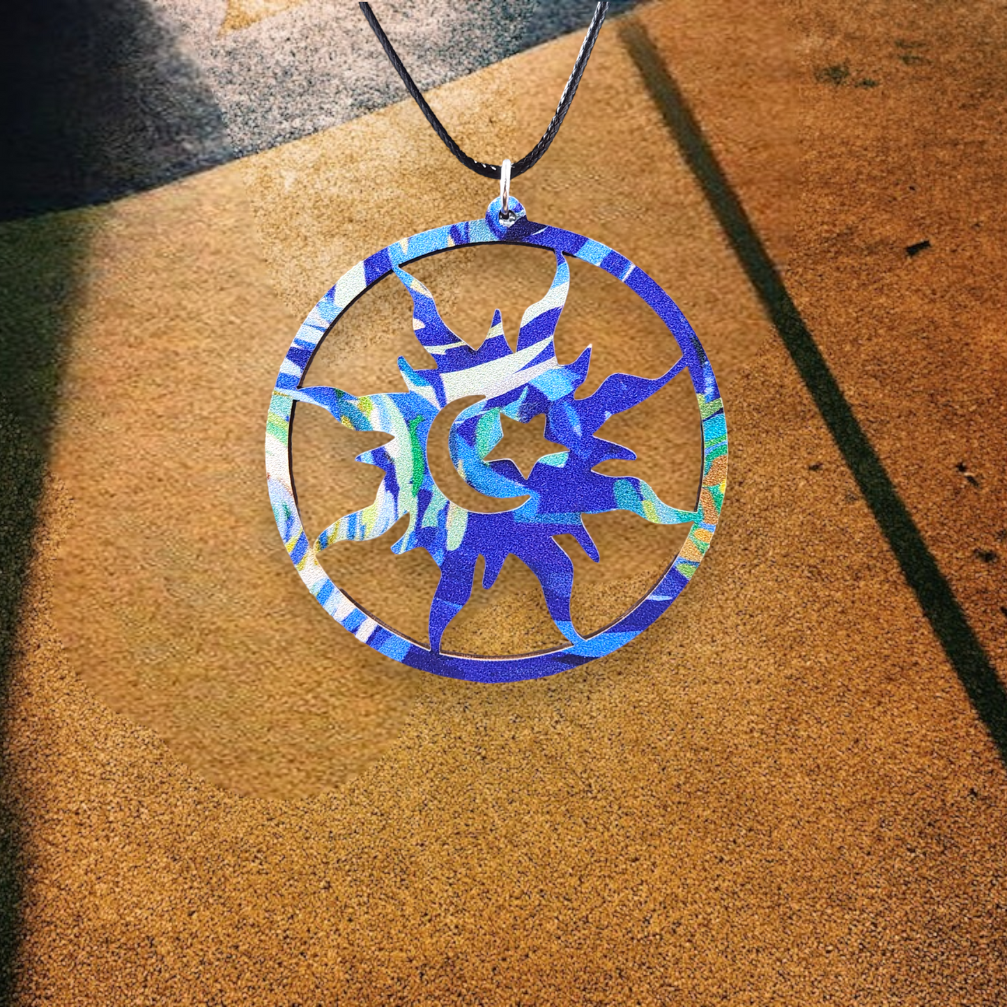 Sun with Crescent and Star Blue Patterned Necklace/Pendant, Black Rope, Silver Clasp