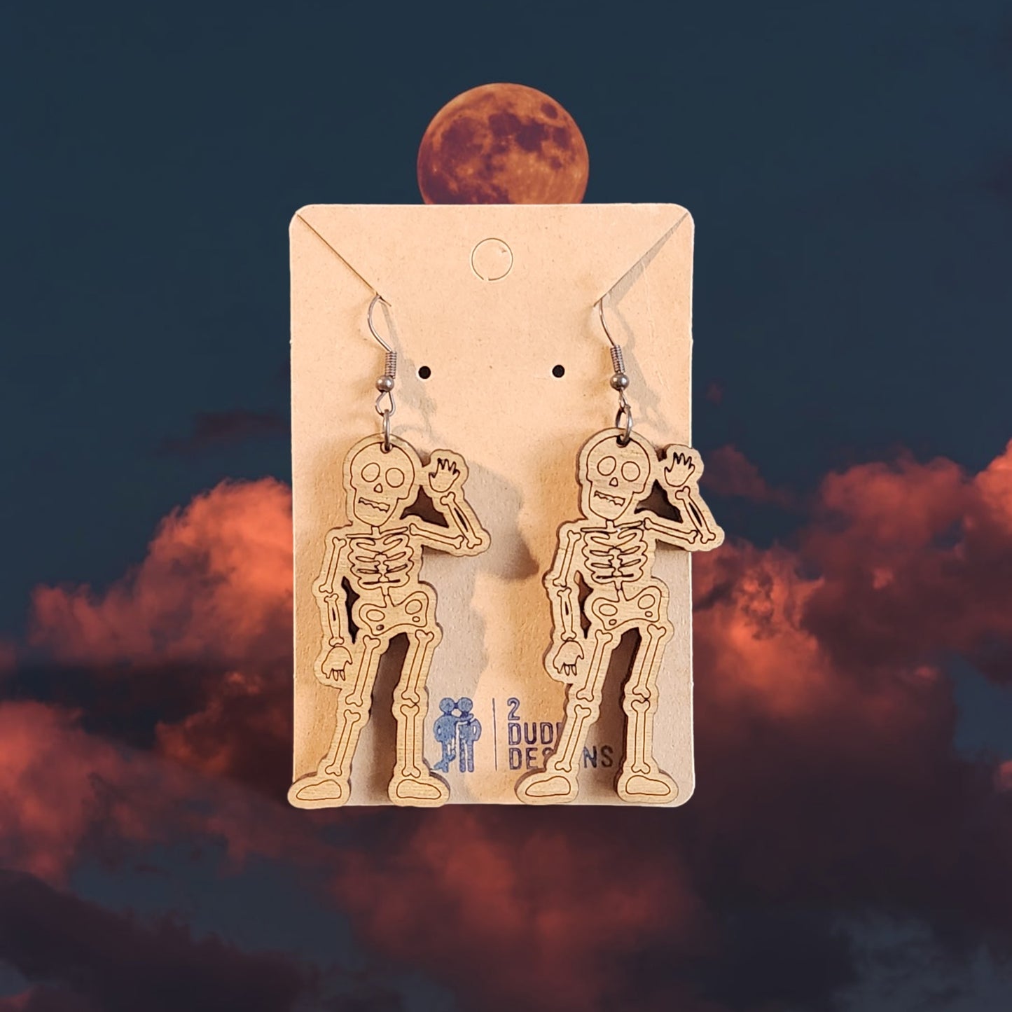 Skeleton Halloween Dangle Earrings, Made of Birch Wood