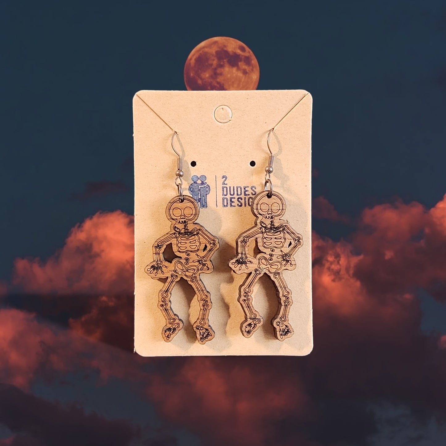 Skeleton Halloween Dangle Earrings, Made of Birch Wood