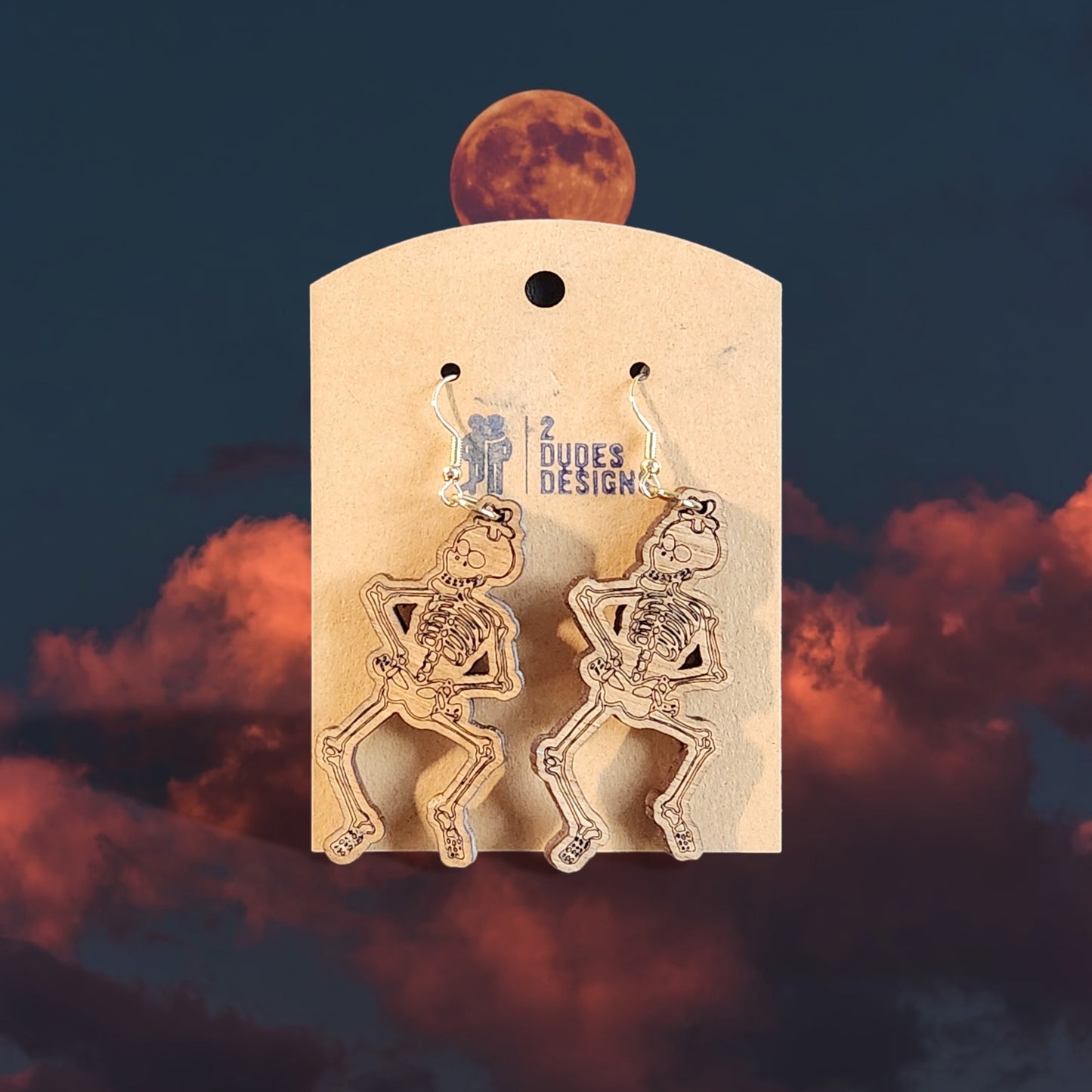 Skeleton Halloween Dangle Earrings, Made of Birch Wood