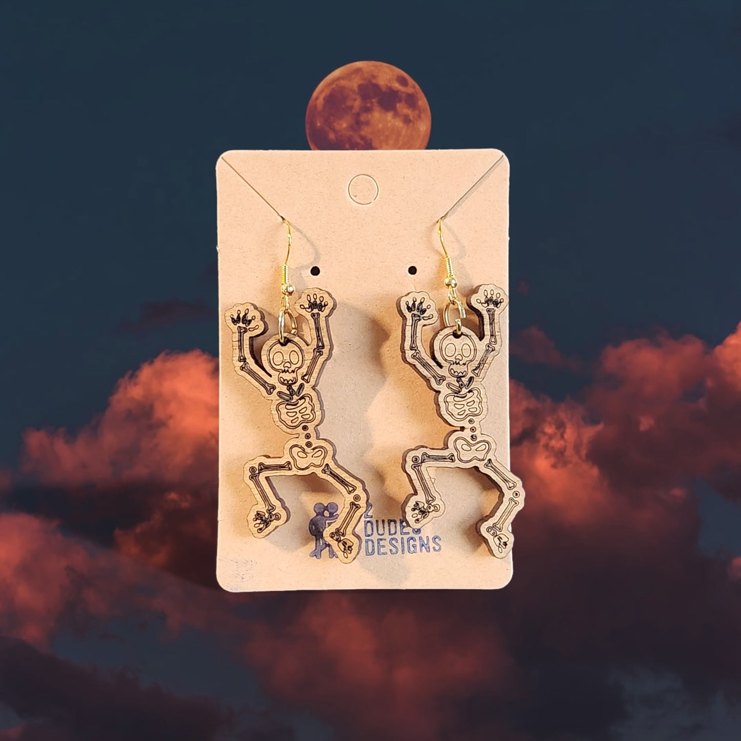 Skeleton Halloween Dangle Earrings, Made of Birch Wood
