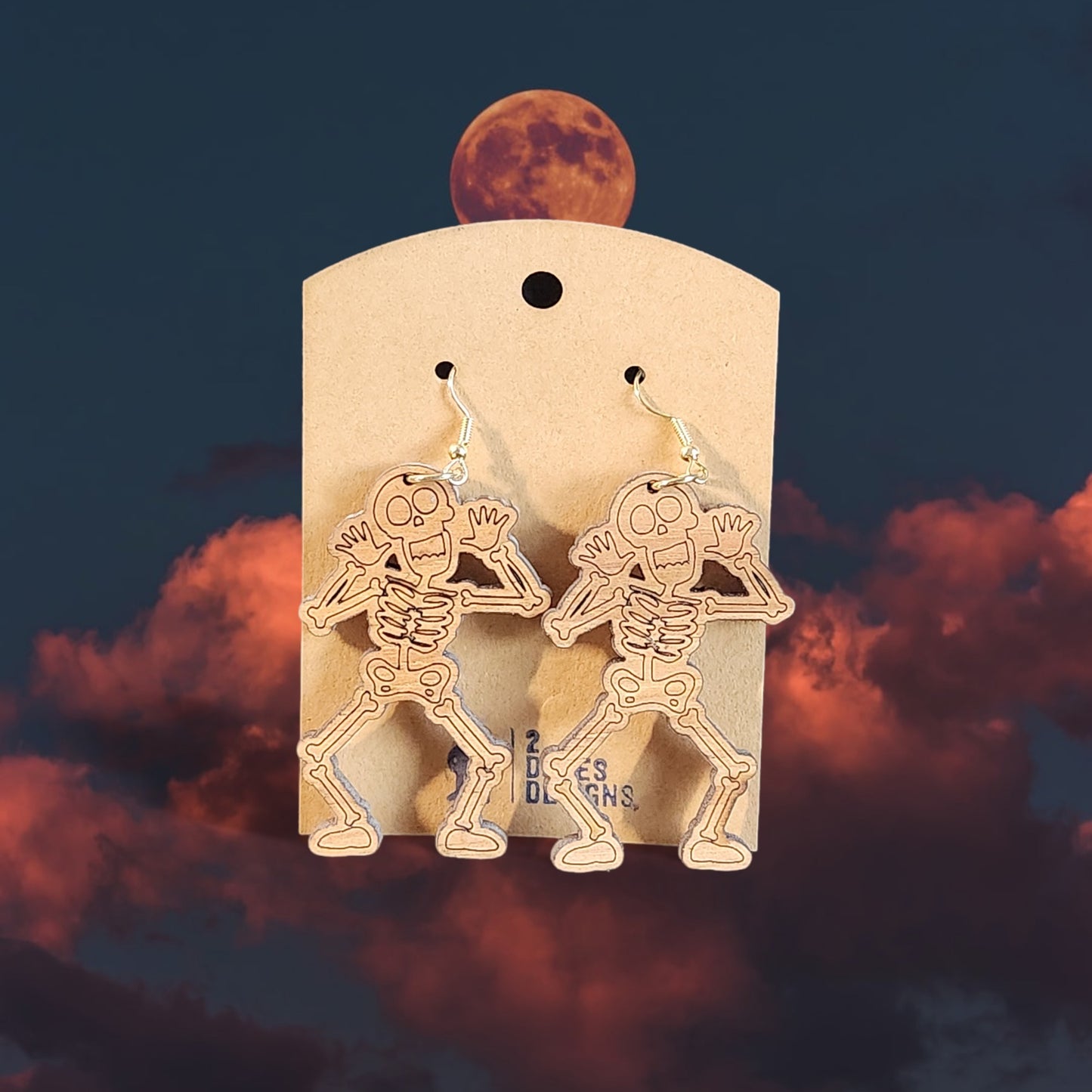 Skeleton Halloween Dangle Earrings, Made of Birch Wood