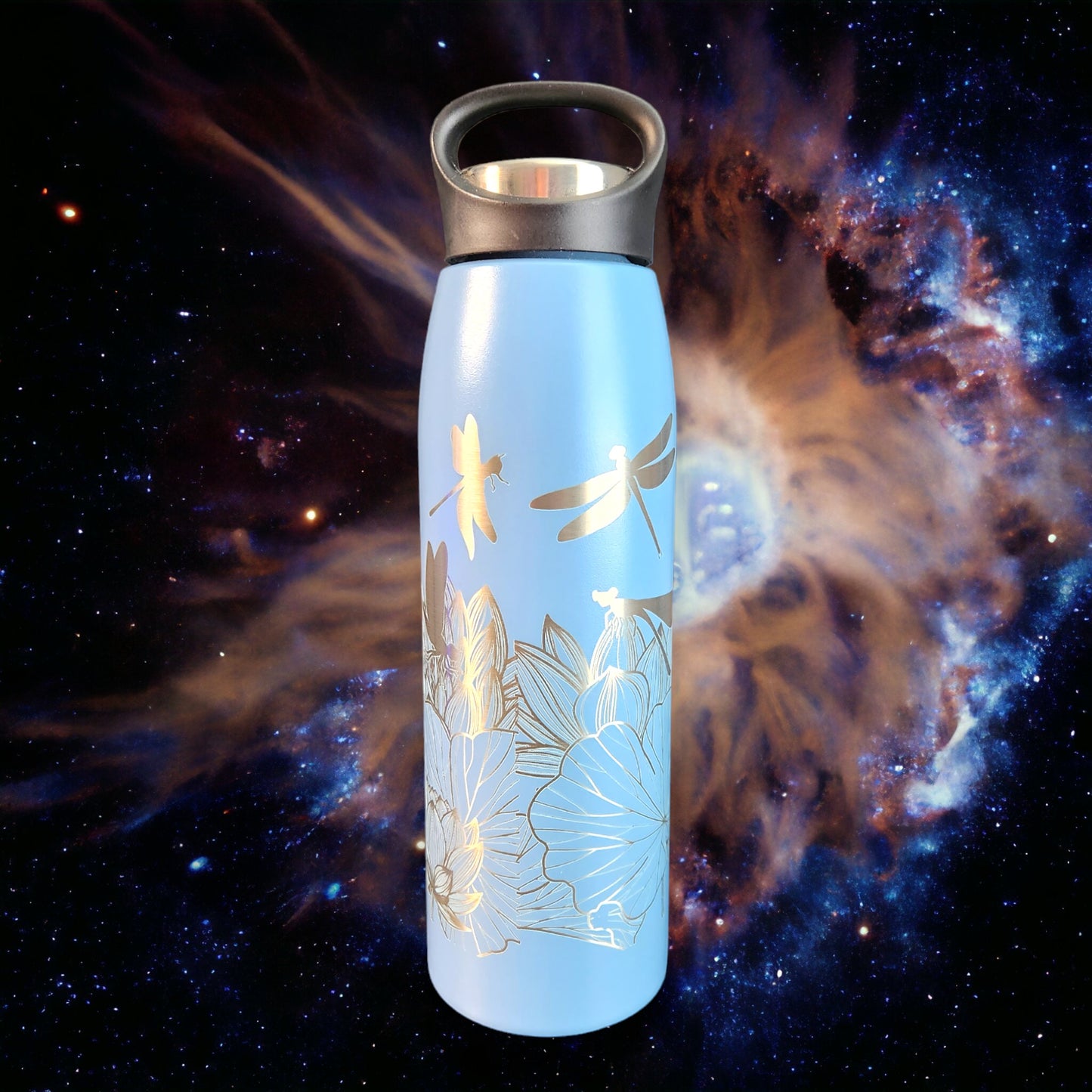Dragonflies and Flowers Dark Blue and Silver 20 Oz Stainless Steel Engraved Tumbler