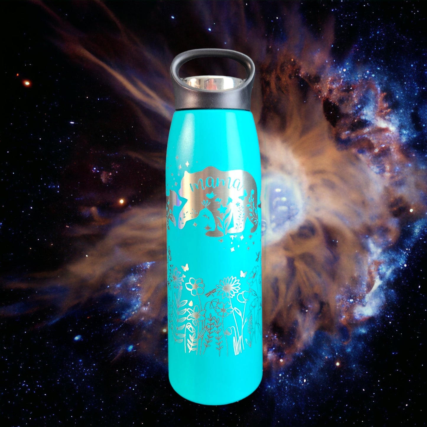 Mama Bear and Wildflowers Turquoise and Silver 20 Oz Stainless Steel Engraved Tumbler