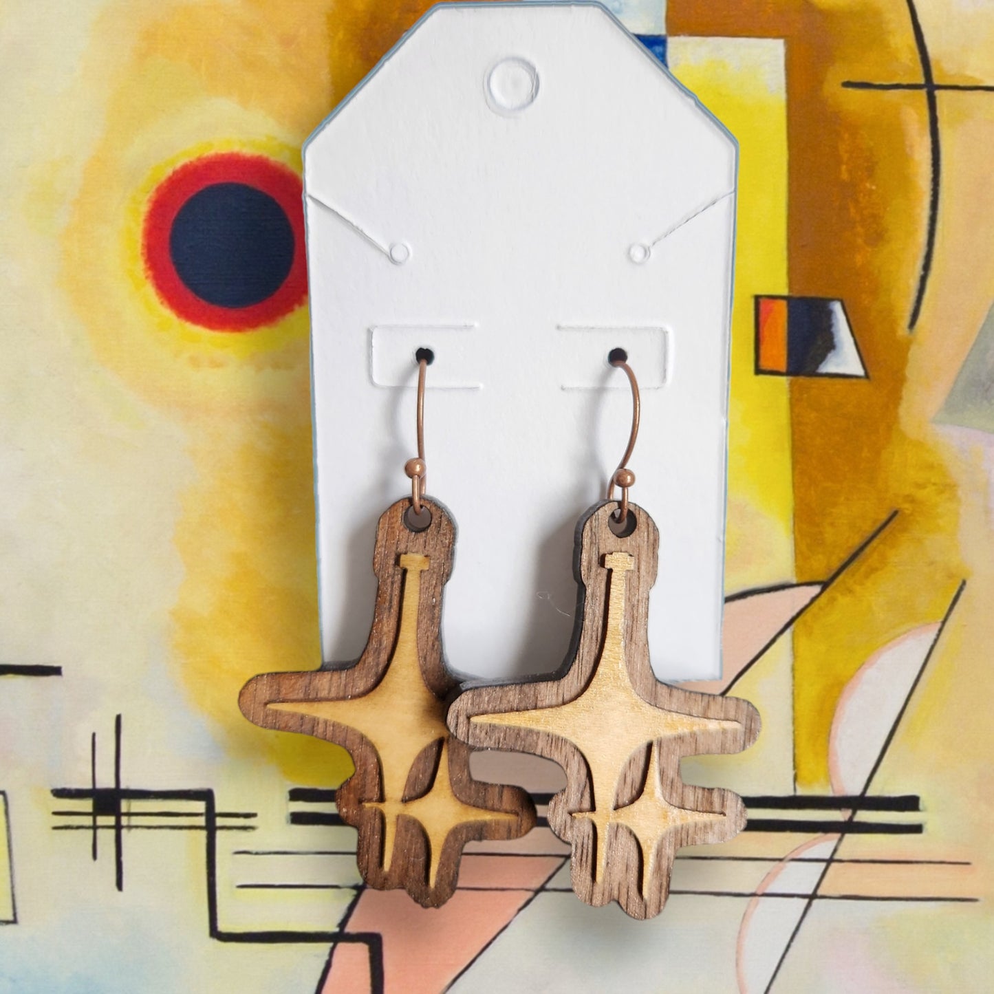 Mid-Century Wood Atomic Dangle Earrings 3