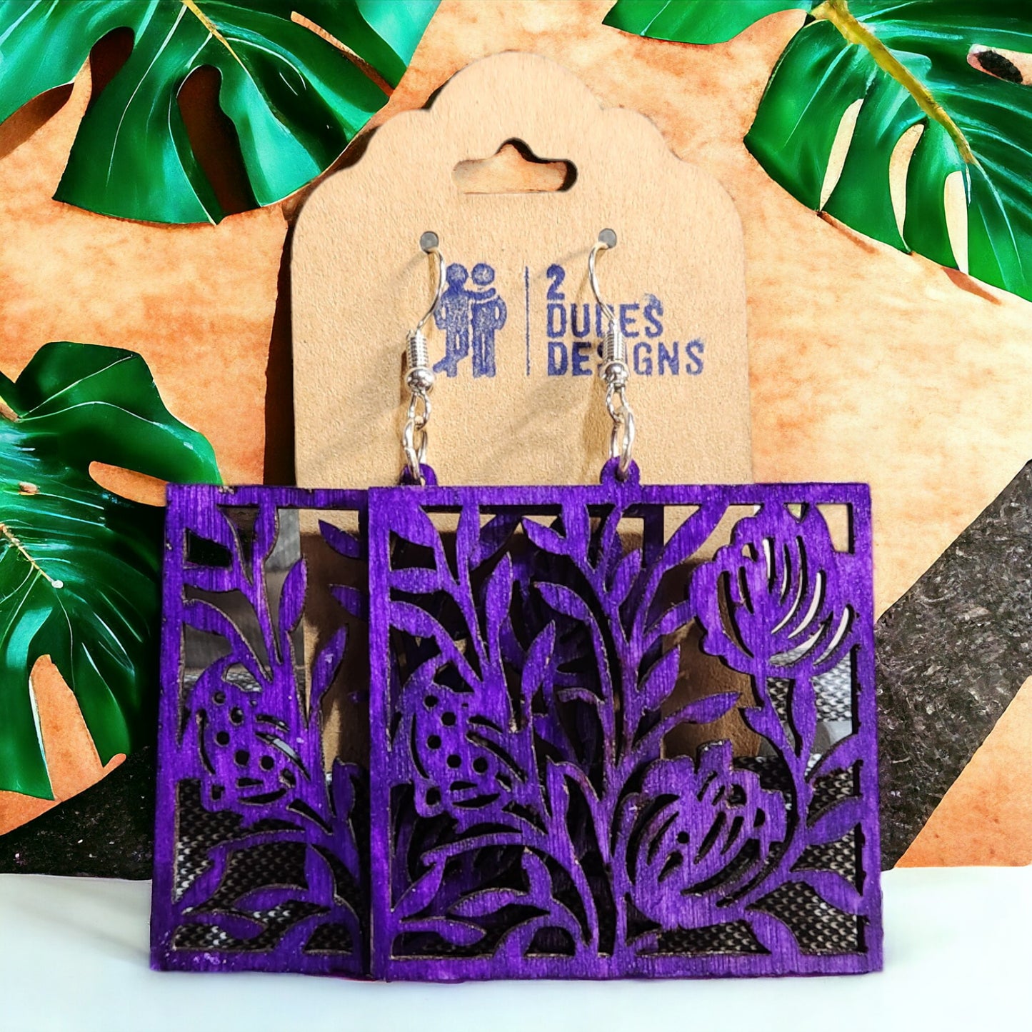 Square Purple Flower Boho Dangle Earrings