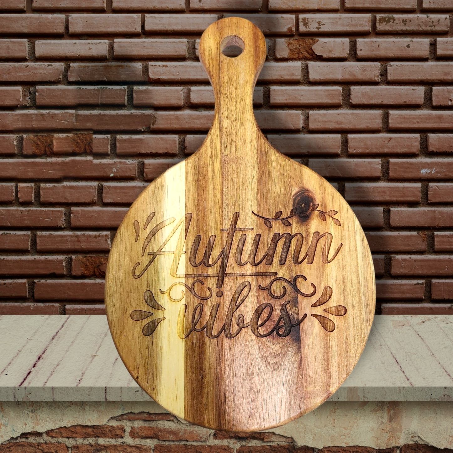 Autumn Vibes Acacia Wood Serving Board - Round with Handle