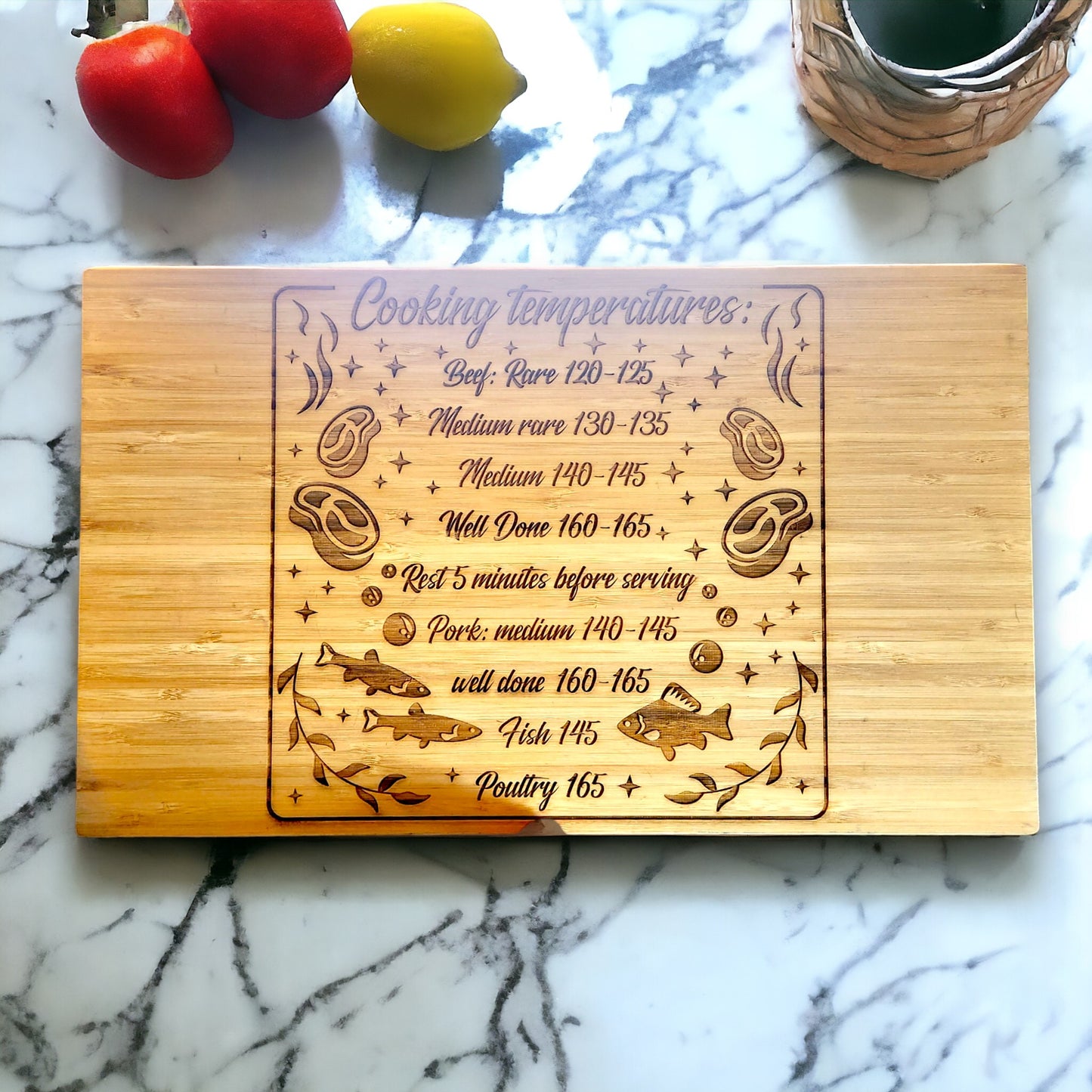 Large Bamboo Cutting Board with Cooking Temperatures