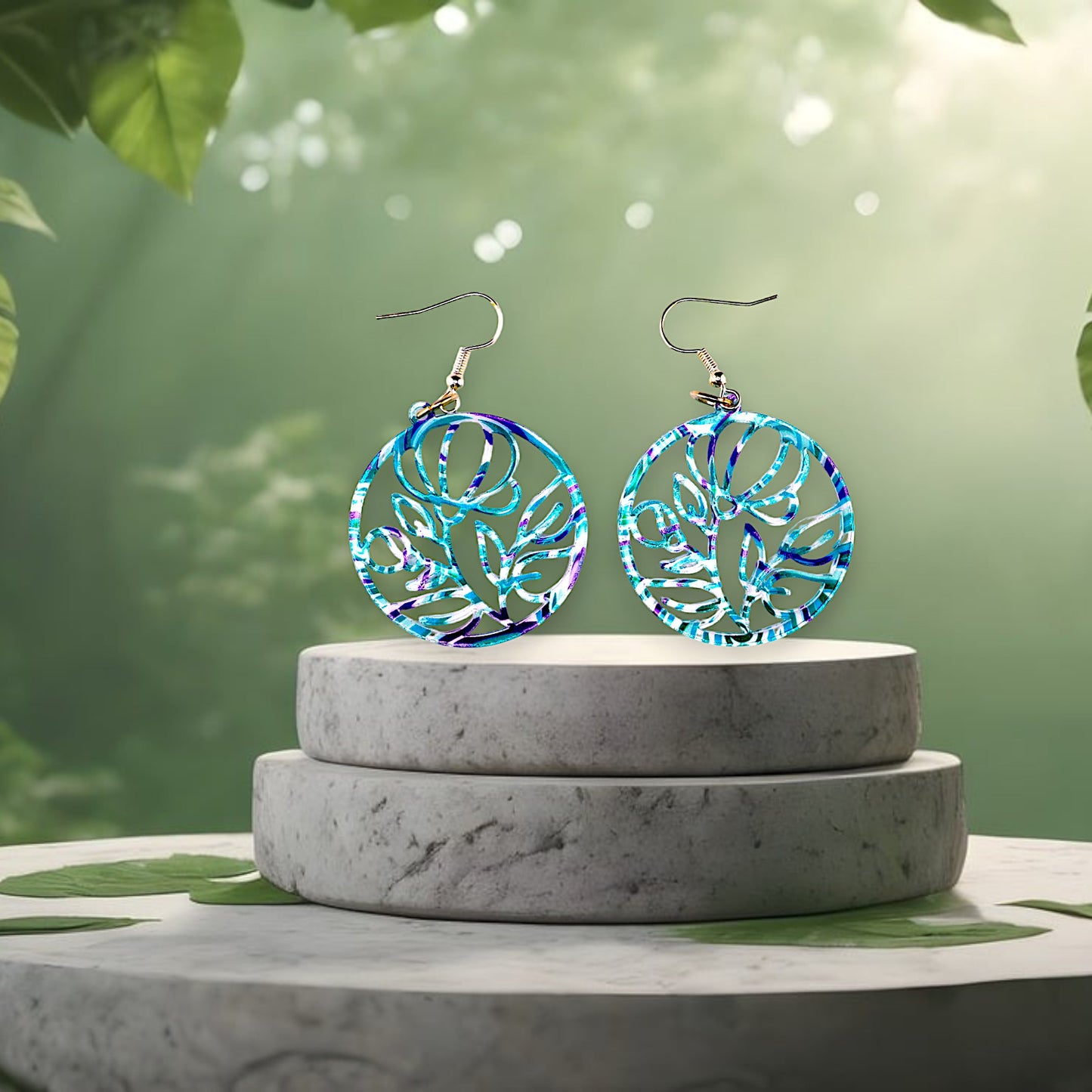 Round Blue and Green Flower Dangle Earrings