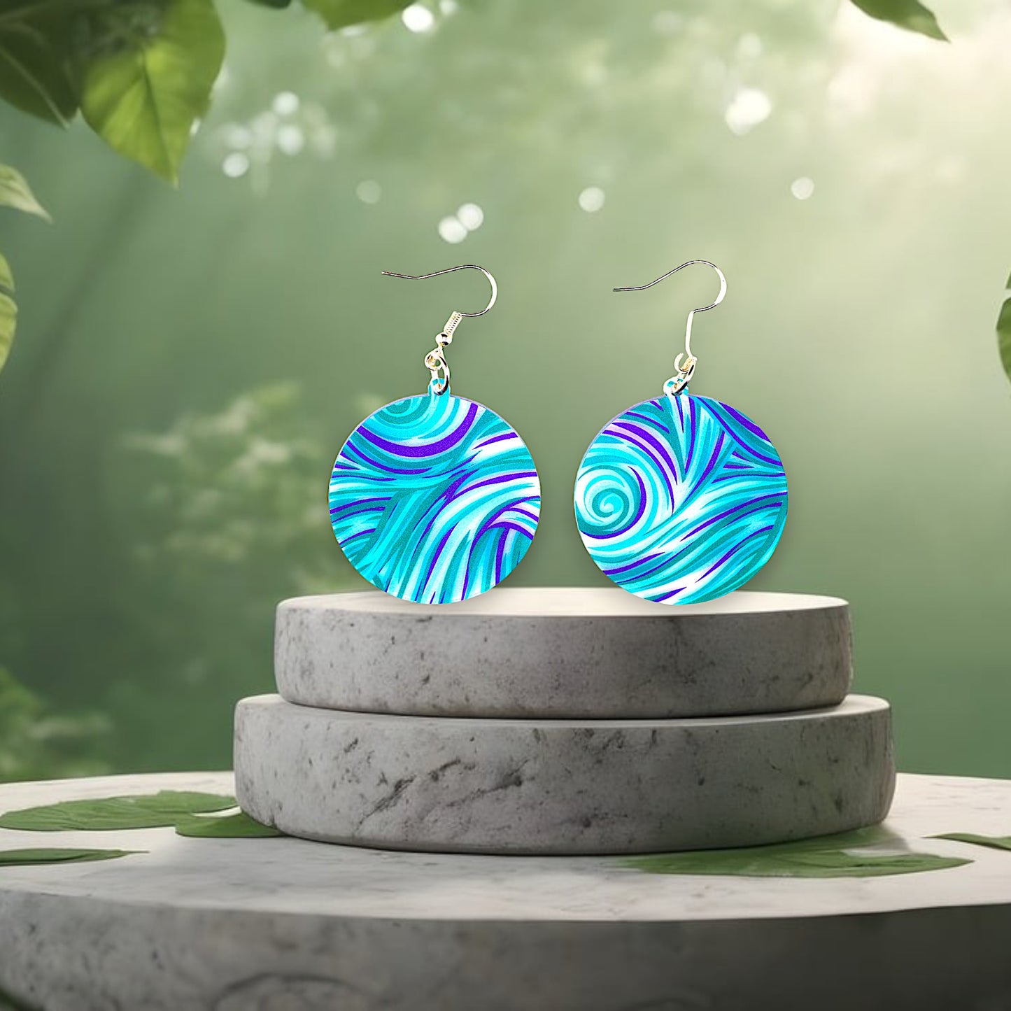 Round Blue and Green Solid Dangle Earrings