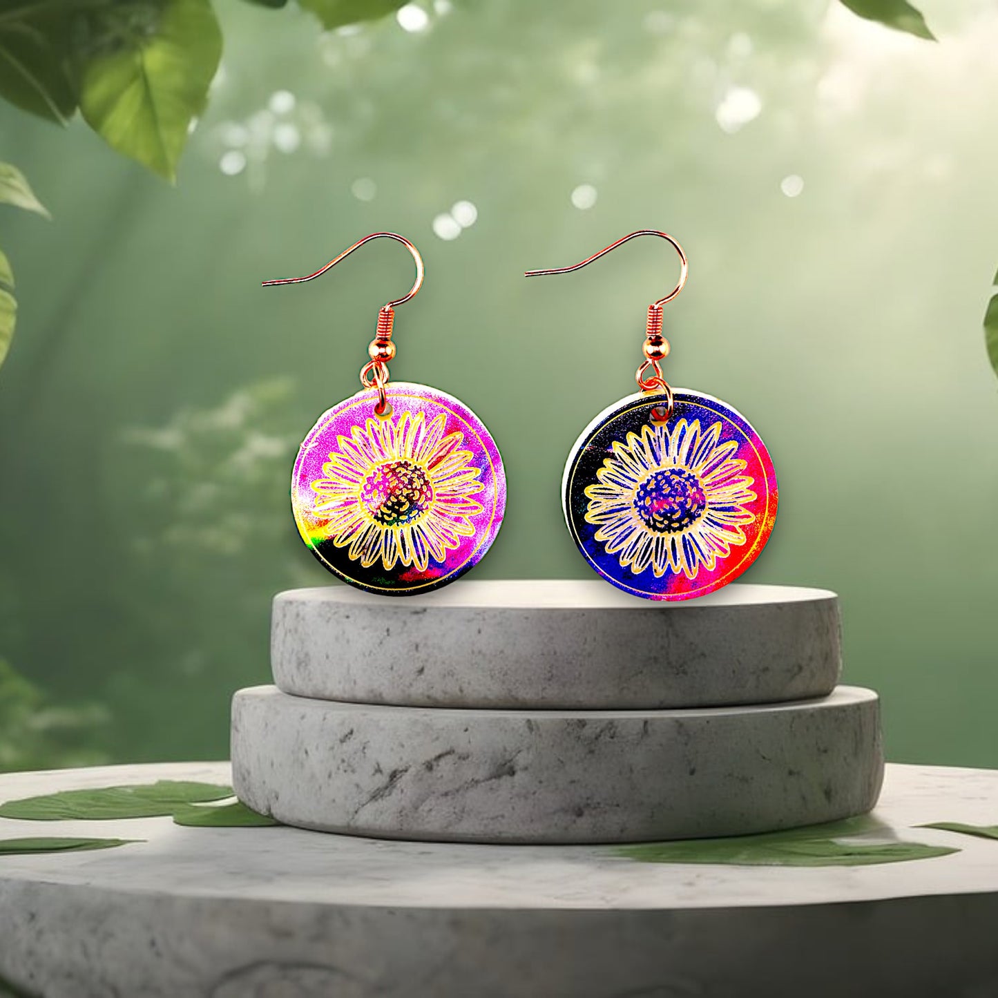 Round Boho Multi Color Flower Dangle Earrings