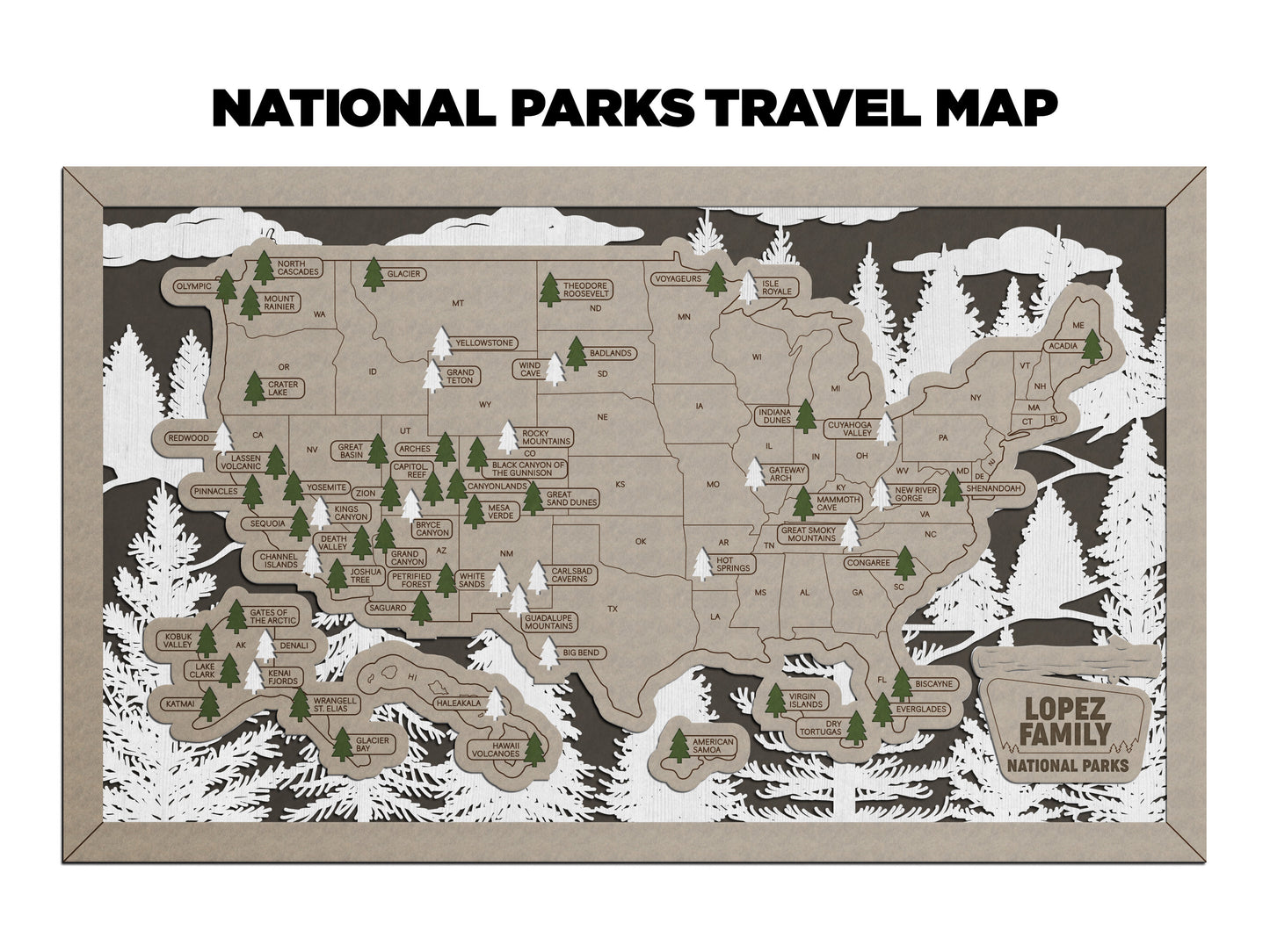 Forest Option 1 National Park Travel Map with Pine Tree Inserts (with Name Plate)
