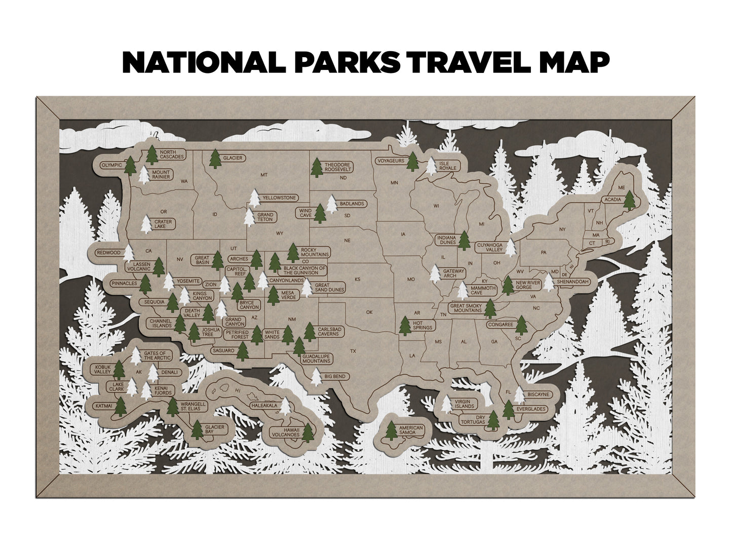 Forest Option 1 National Park Travel Map with Pine Tree Inserts (No Name Plate)
