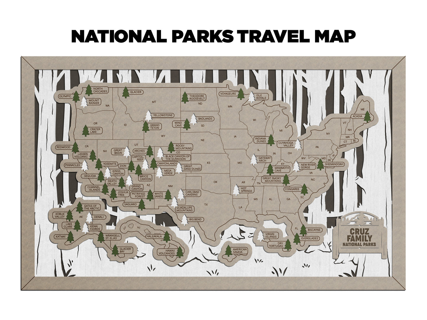 Forest Option 2 National Park Travel Map with Pine Tree Inserts (With Name Plate)