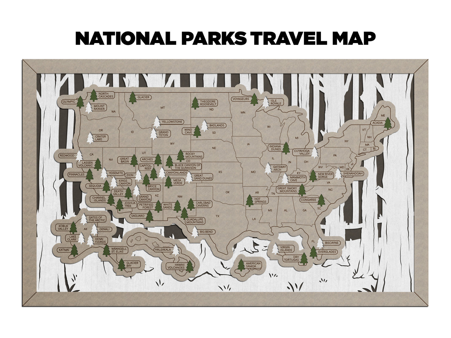 Forest Option 2 National Park Travel Map with Pine Tree Inserts (No Name Plate)