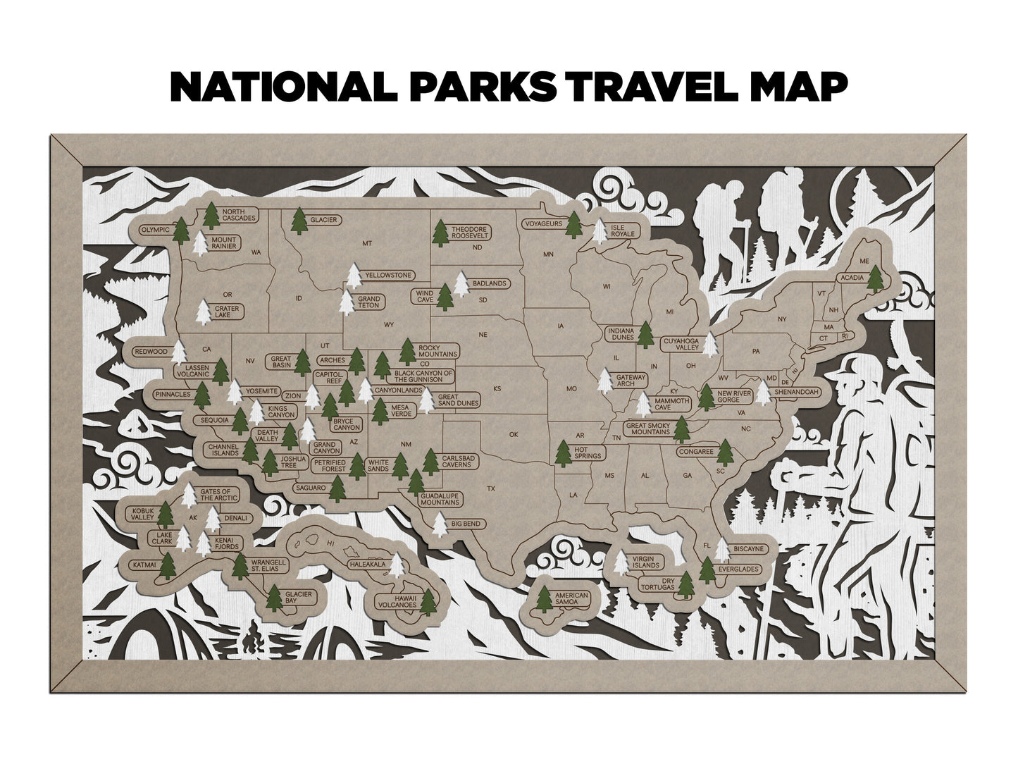 Hiking National Park Travel Map with Pine Tree Inserts (No Name Plate)