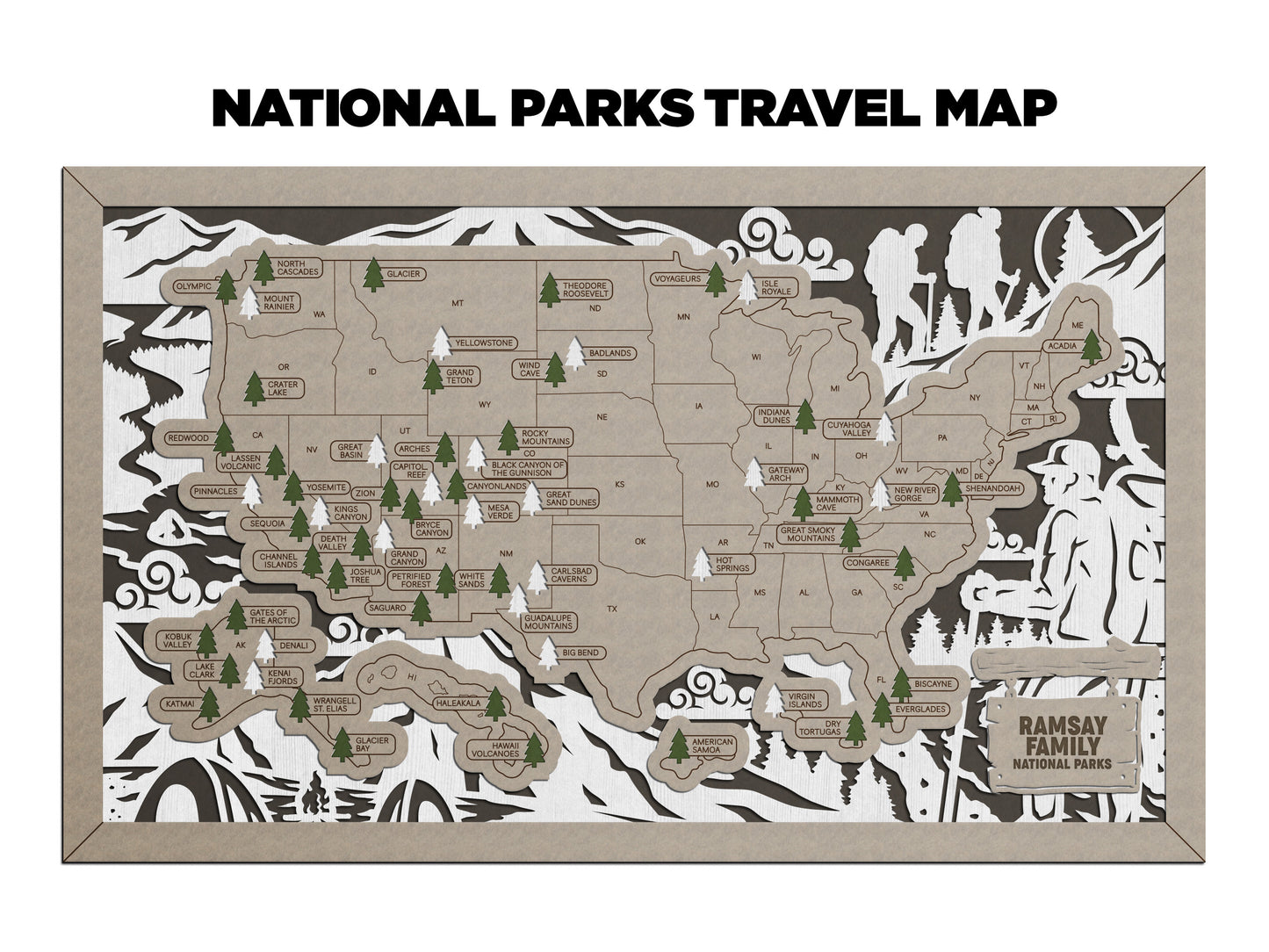 Hiking National Park Travel Map with Pine Tree Inserts (With Name Plate)
