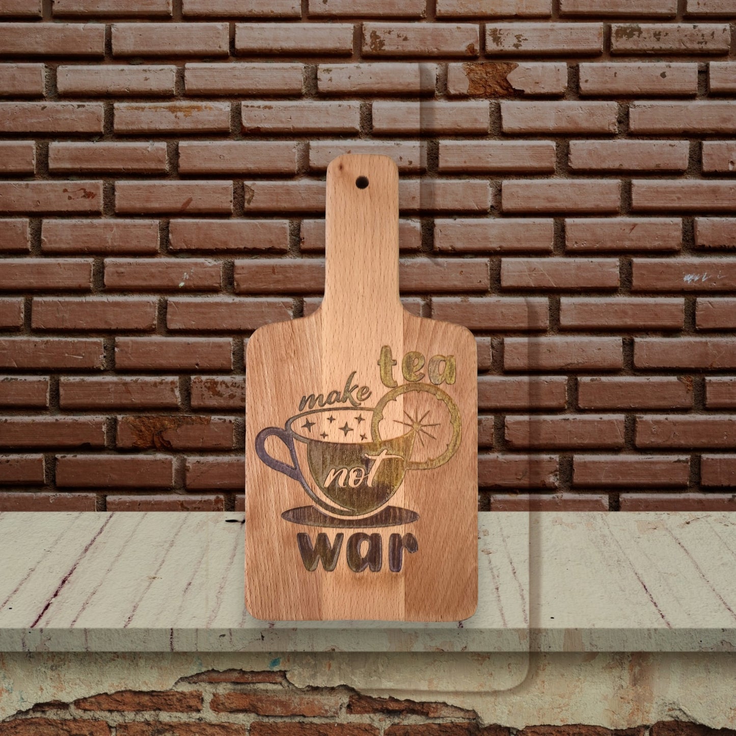 Paddle Handle Small Serving Board - "Make Tea, Not War"