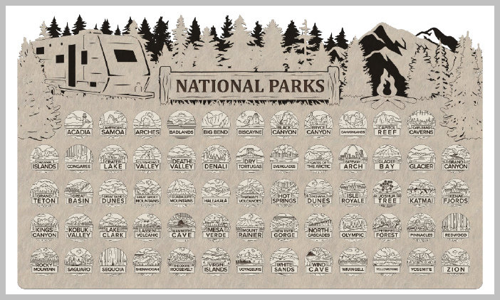 Tow Behind Camper Theme National Park Tracker with Tokens