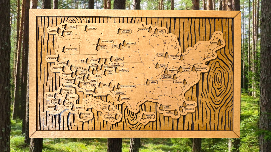 Wood Background Pattern National Park Travel Map with Pine Tree Inserts
