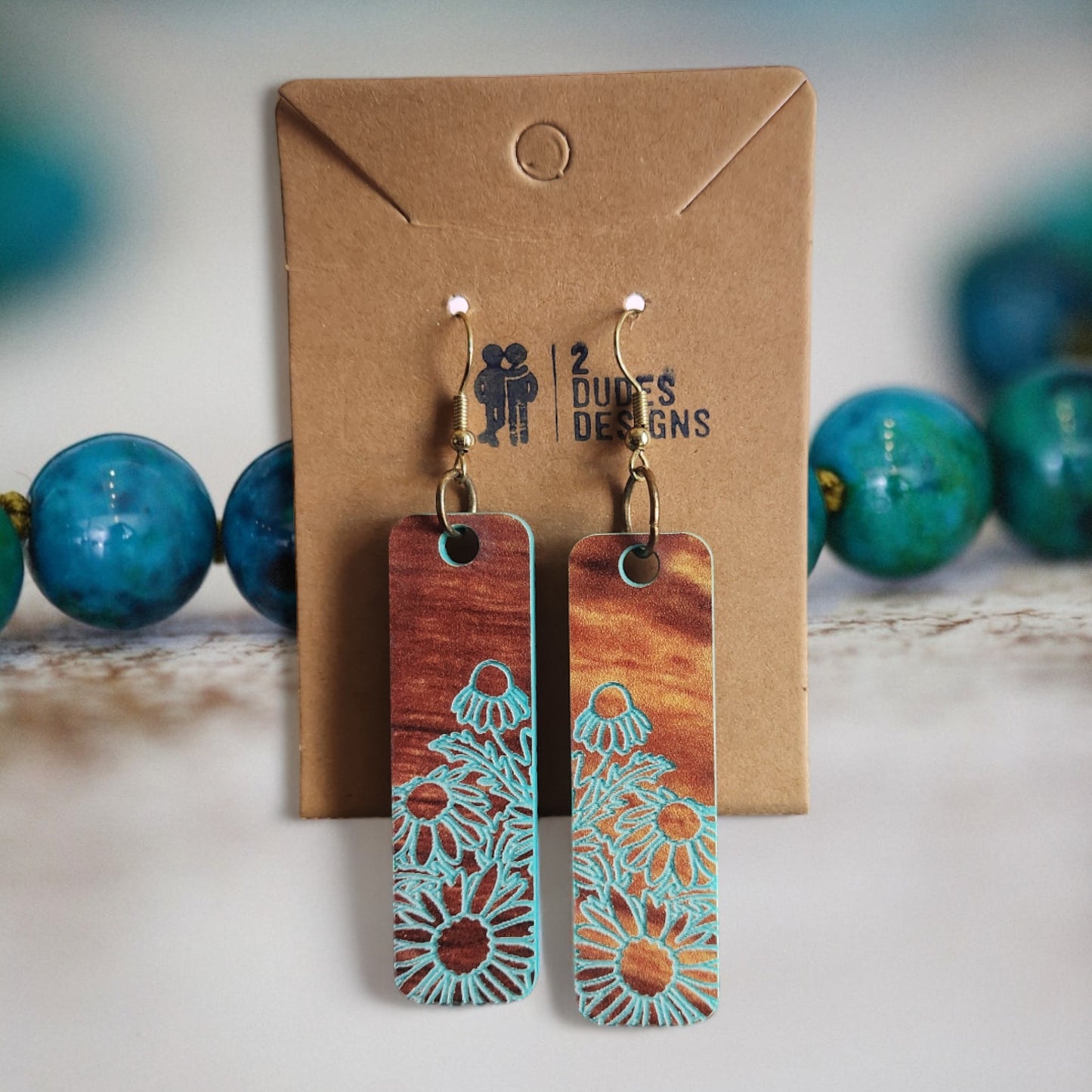 Turquoise Engraved on Olive Wood Pattern Dangle Earrings