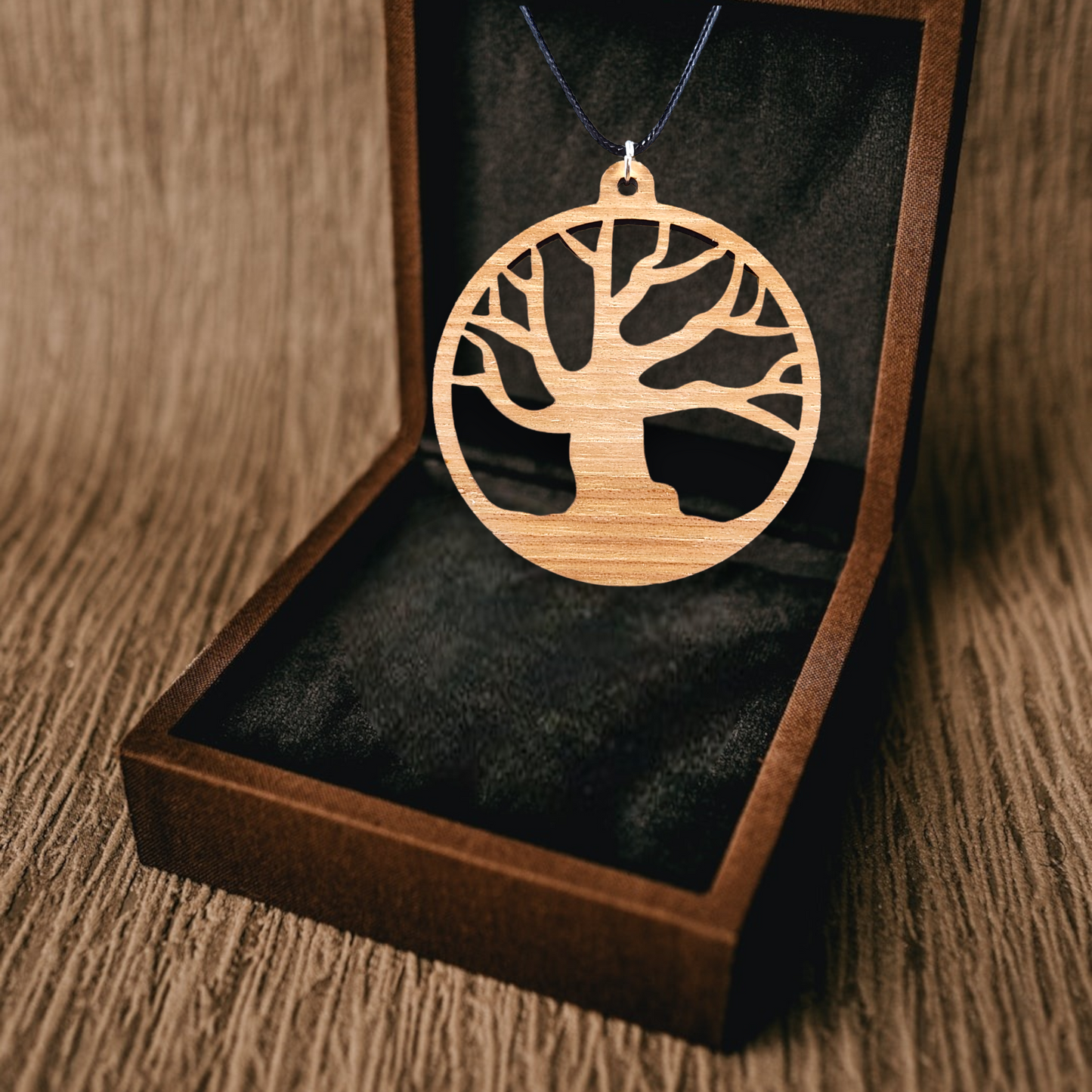 Birch Wood Tree of Life Necklace, Black Rope, Silver Clasp