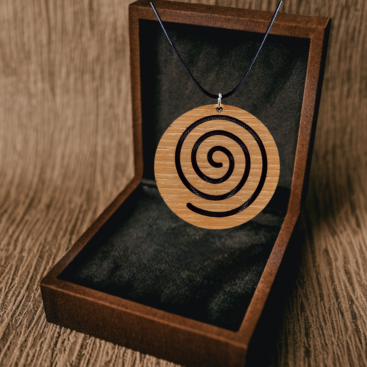 Birch Wood Spiral Necklace, Black Rope, Silver Clasp