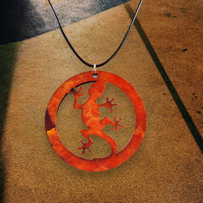 Gecko Patterned Necklace, Black Rope, Silver Clasp
