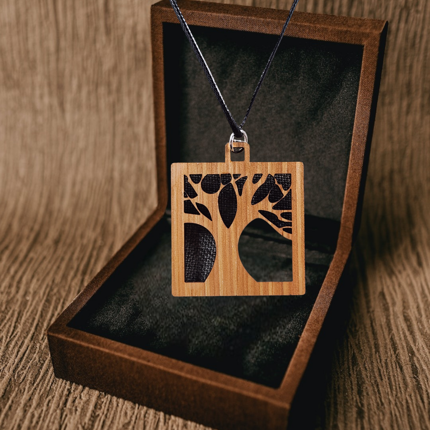 Birchwood Square Tree of Life Necklace, Black Rope, Silver Clasp