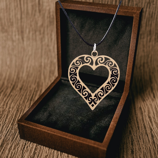 Eco-Birch Spiral Heart Necklace, Black Cord, Silver Clasp