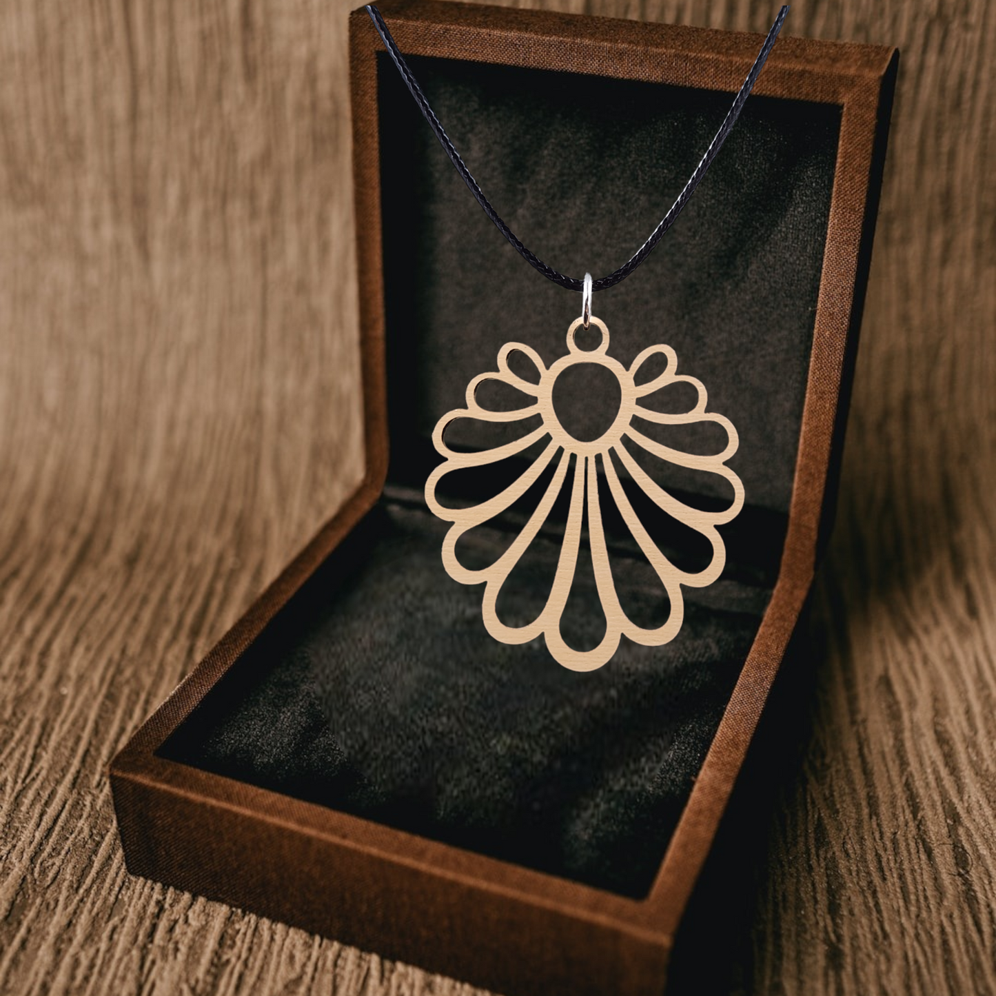 Eco-Birch Floral Necklace, Black Rope, Silver Clasp