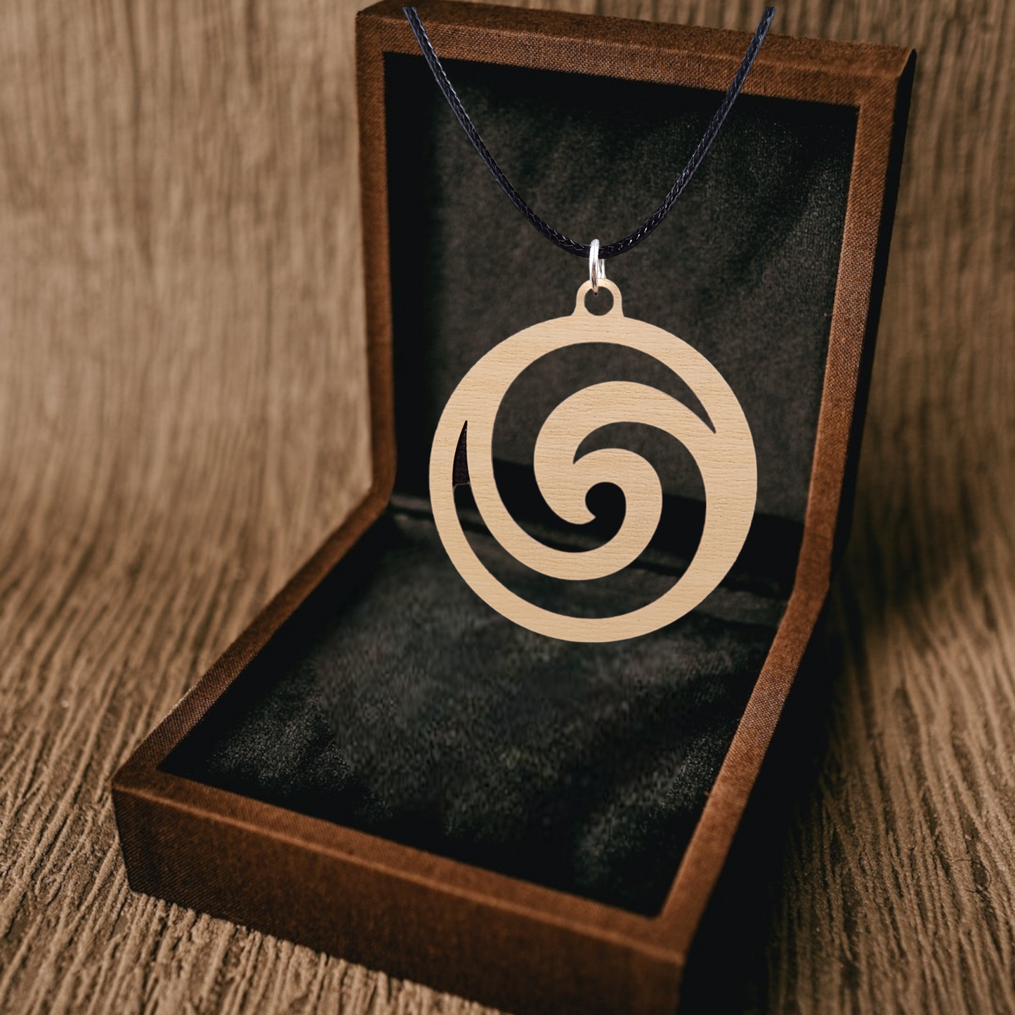 Eco-Birch Wood Spiral Necklace, Black Rope, Silver Clasp