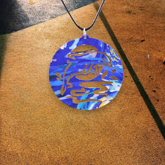 Dolphin Blue Patterned Necklace/Pendant, Black Rope, Silver Clasp