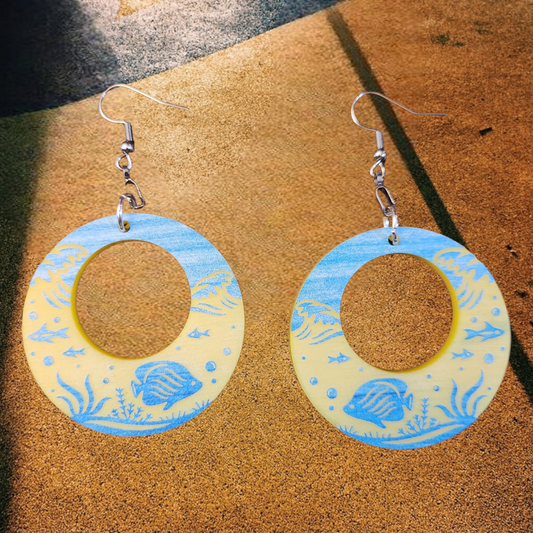 Blue and Yellow Acrylic Clown Fish Dangle Earrings