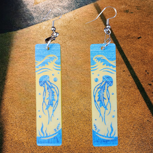 Blue and Yellow Acrylic Jellyfish Dangle Earrings