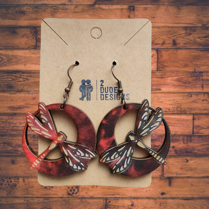 Round Dragonfly Patterned Dangle Earrings