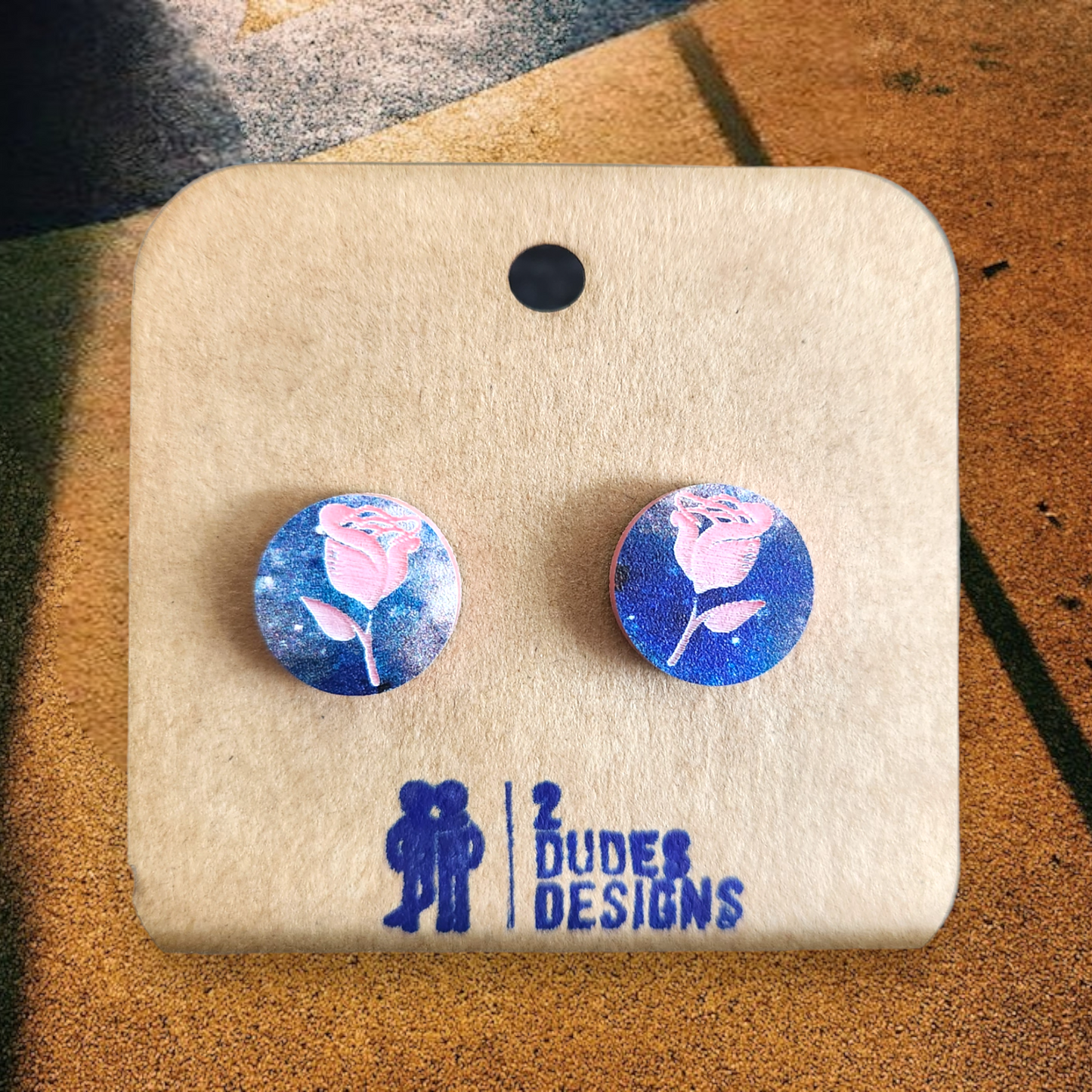 Blue and Pink Rose Stud Earrings