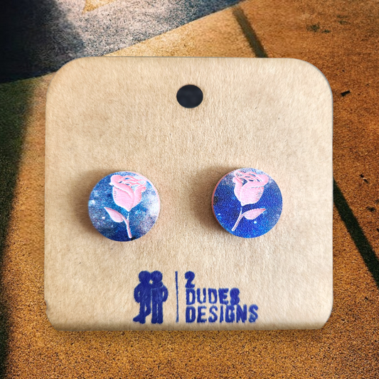 Blue and Pink Rose Stud Earrings