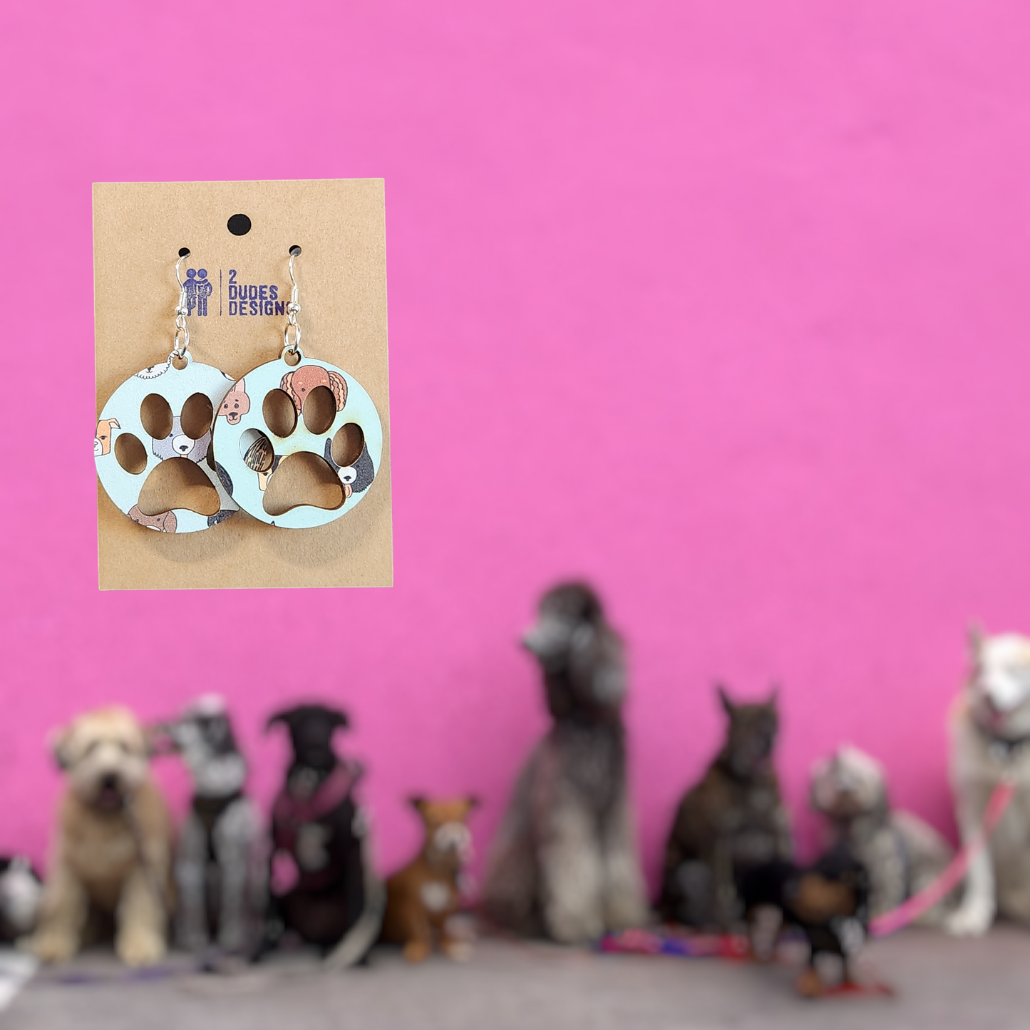 Dog Pattern MDF Round Paw Dangle Earrings