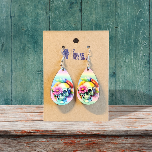 Flower Skull Boho Sublimated Teardrop Earrings