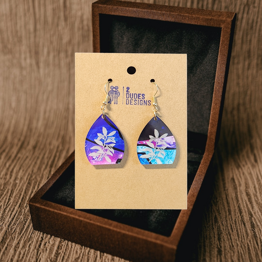 Flat Bottom Multi-Color Etched Leaves Tear Drop Earrings