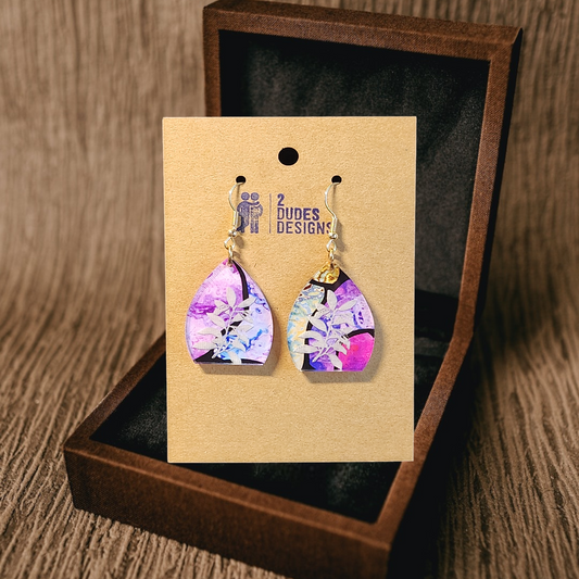 Flat Bottom Multi-Color Etched Leaves Tear Drop Earrings