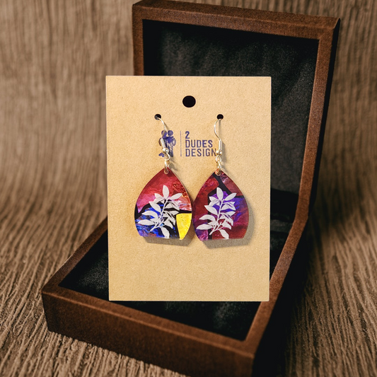 Flat Bottom Multi-Color Etched Leaves Tear Drop Earrings