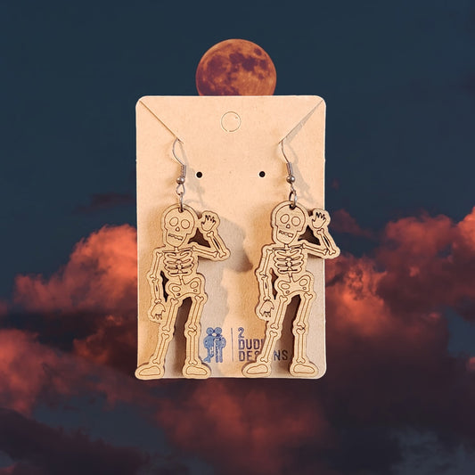 Skeleton Halloween Dangle Earrings, Made of Birch Wood