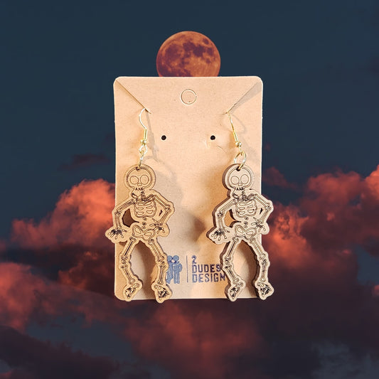 Skeleton Halloween Dangle Earrings, Made of Birch Wood