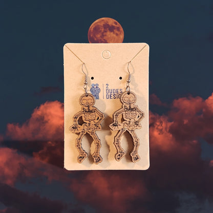 Skeleton Halloween Dangle Earrings, Made of Birch Wood