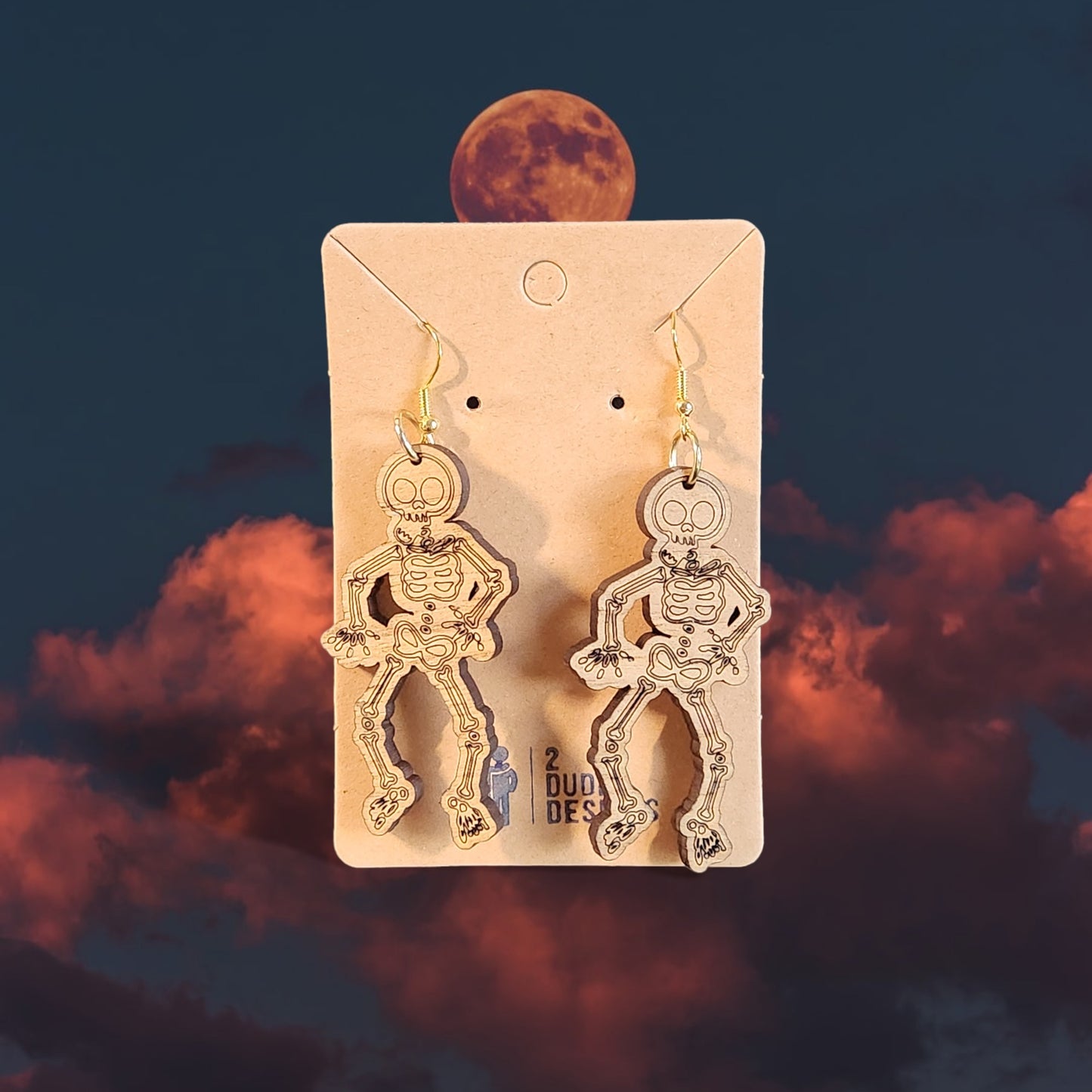Skeleton Halloween Dangle Earrings, Made of Birch Wood