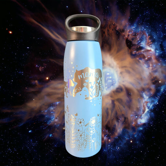Mama Bear and Wildflowers Blue and Silver 20 Oz Stainless Steel Engraved Tumbler